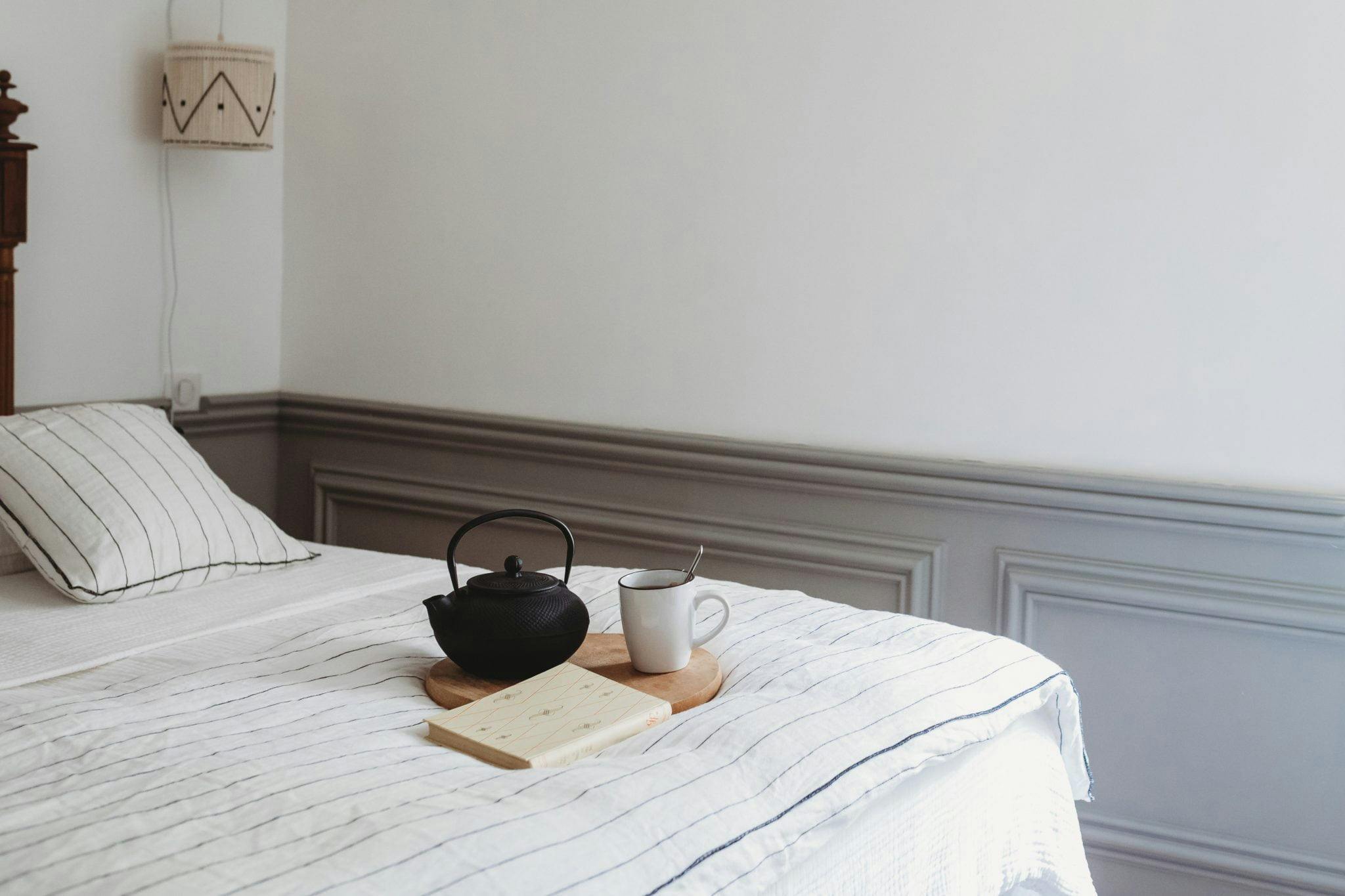 Bedroom atmosphere: tea and reading in the morning