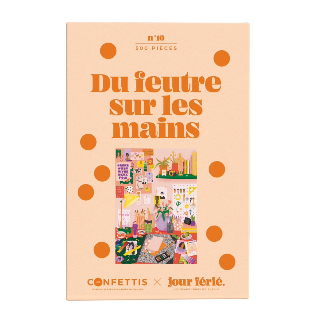 orange puzzle packaging with dots