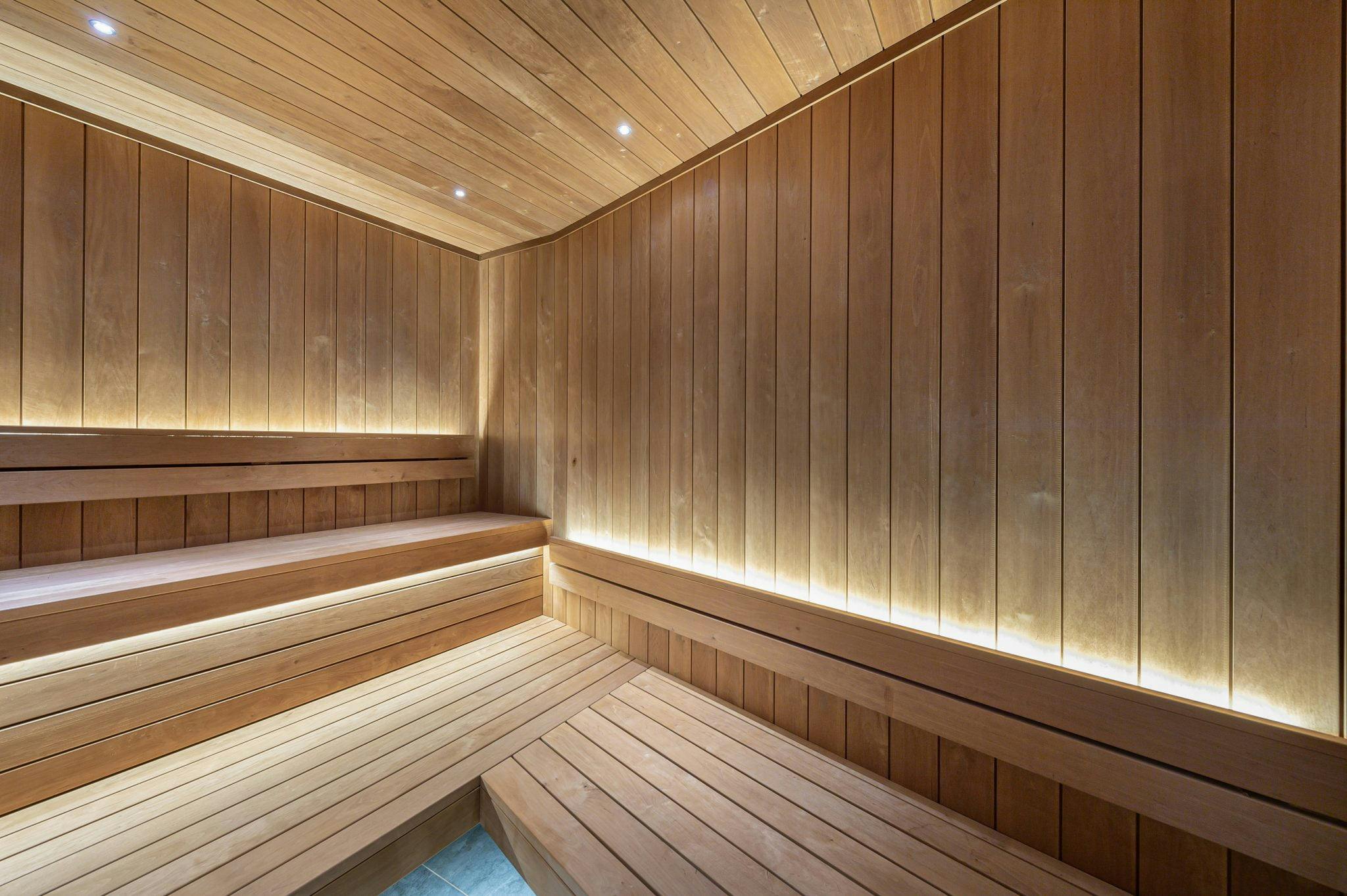 illuminated wooden sauna