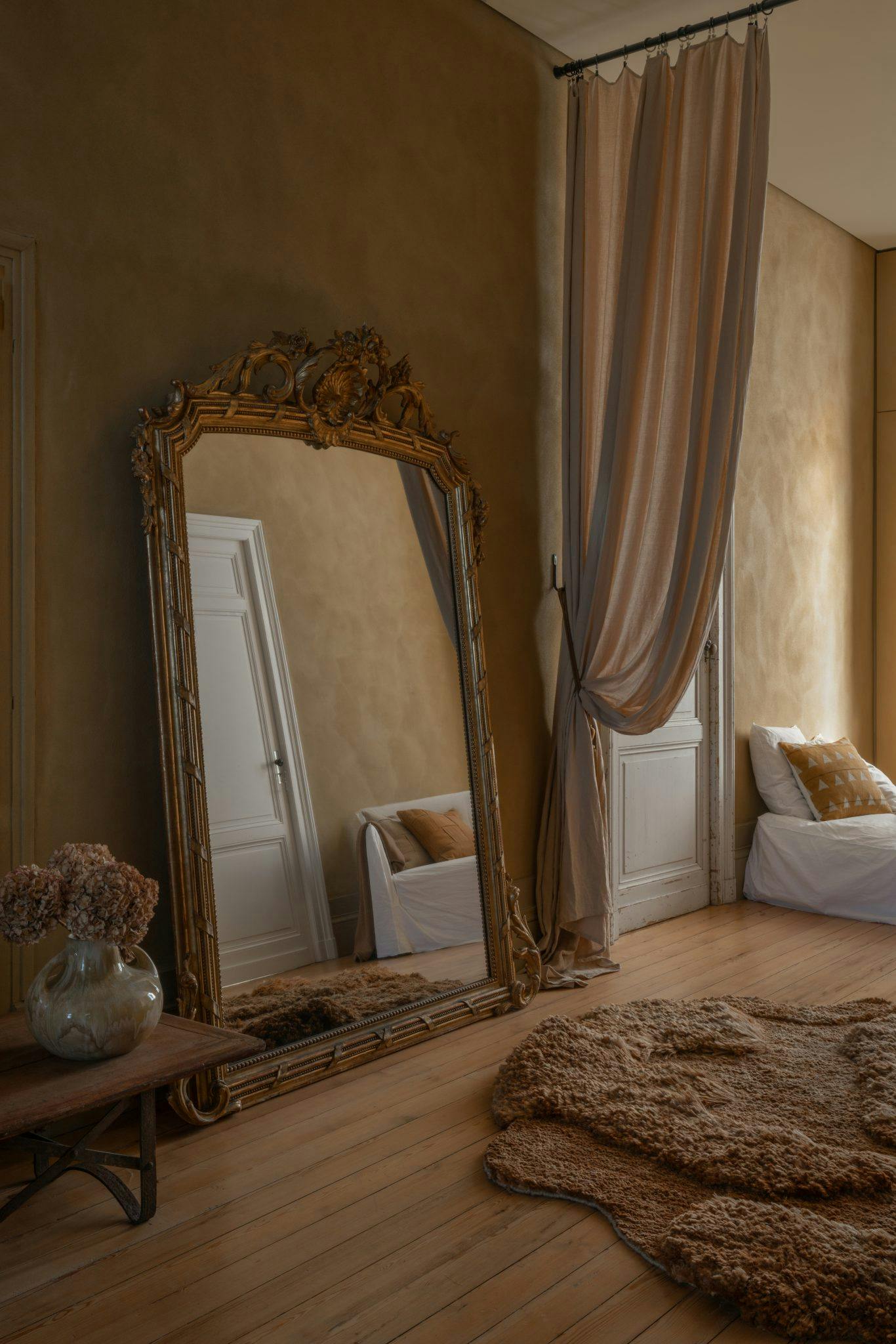 bedroom decoration, large gilded mirror