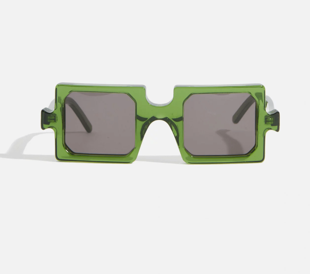 Green rectangular glasses, dark lenses