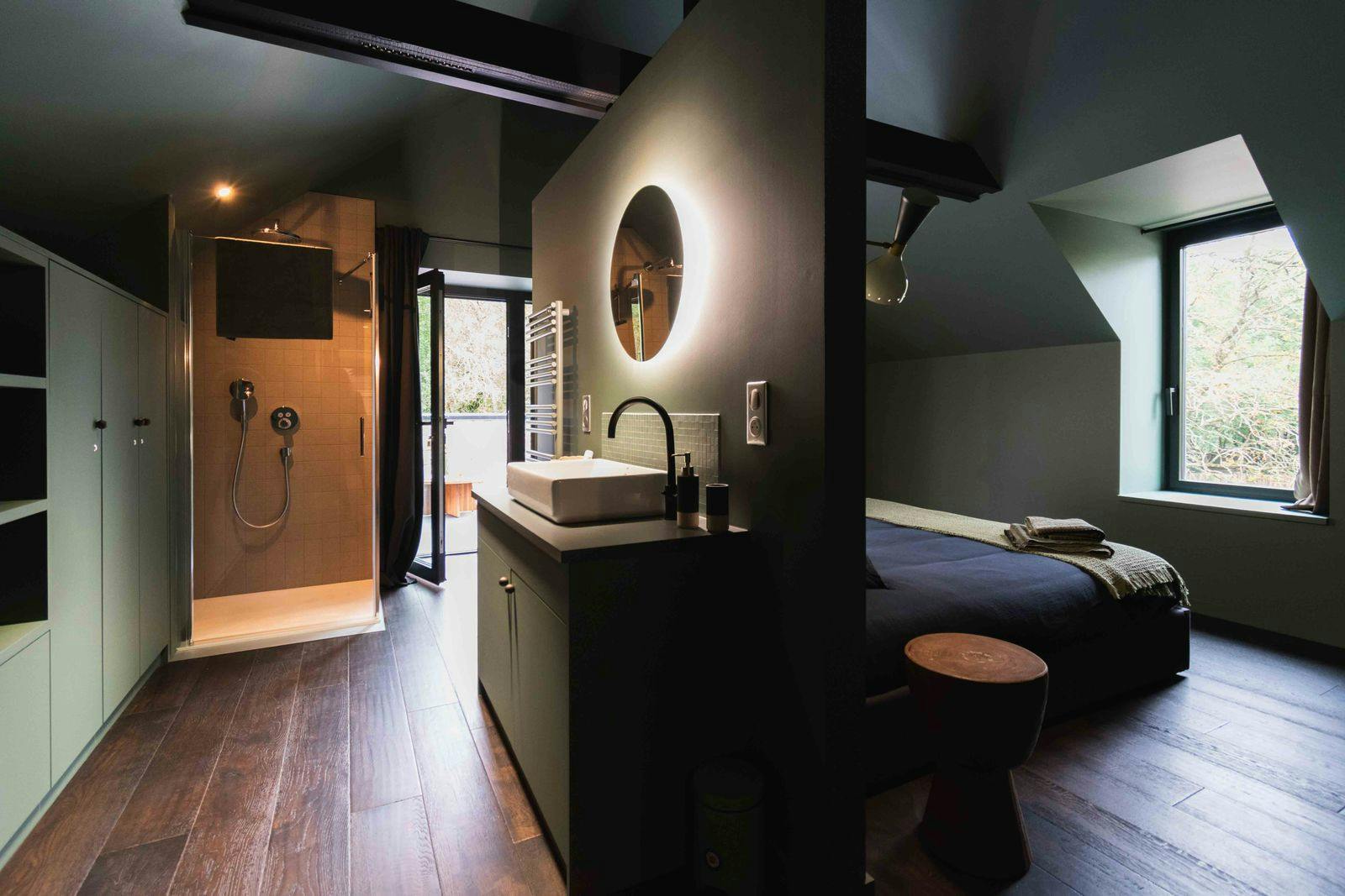 khaki bedroom with private bathroom