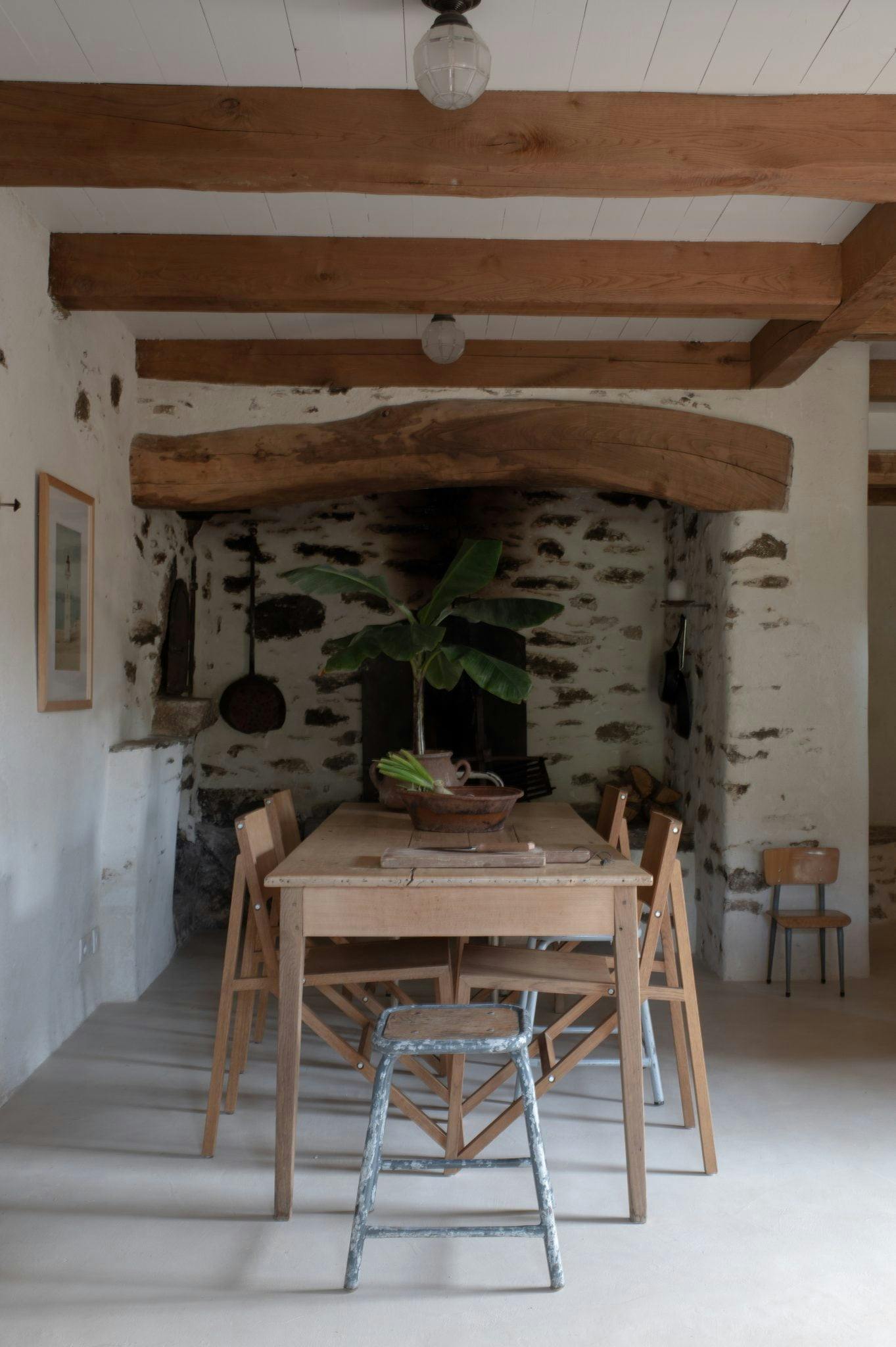 stone dining room under the beams