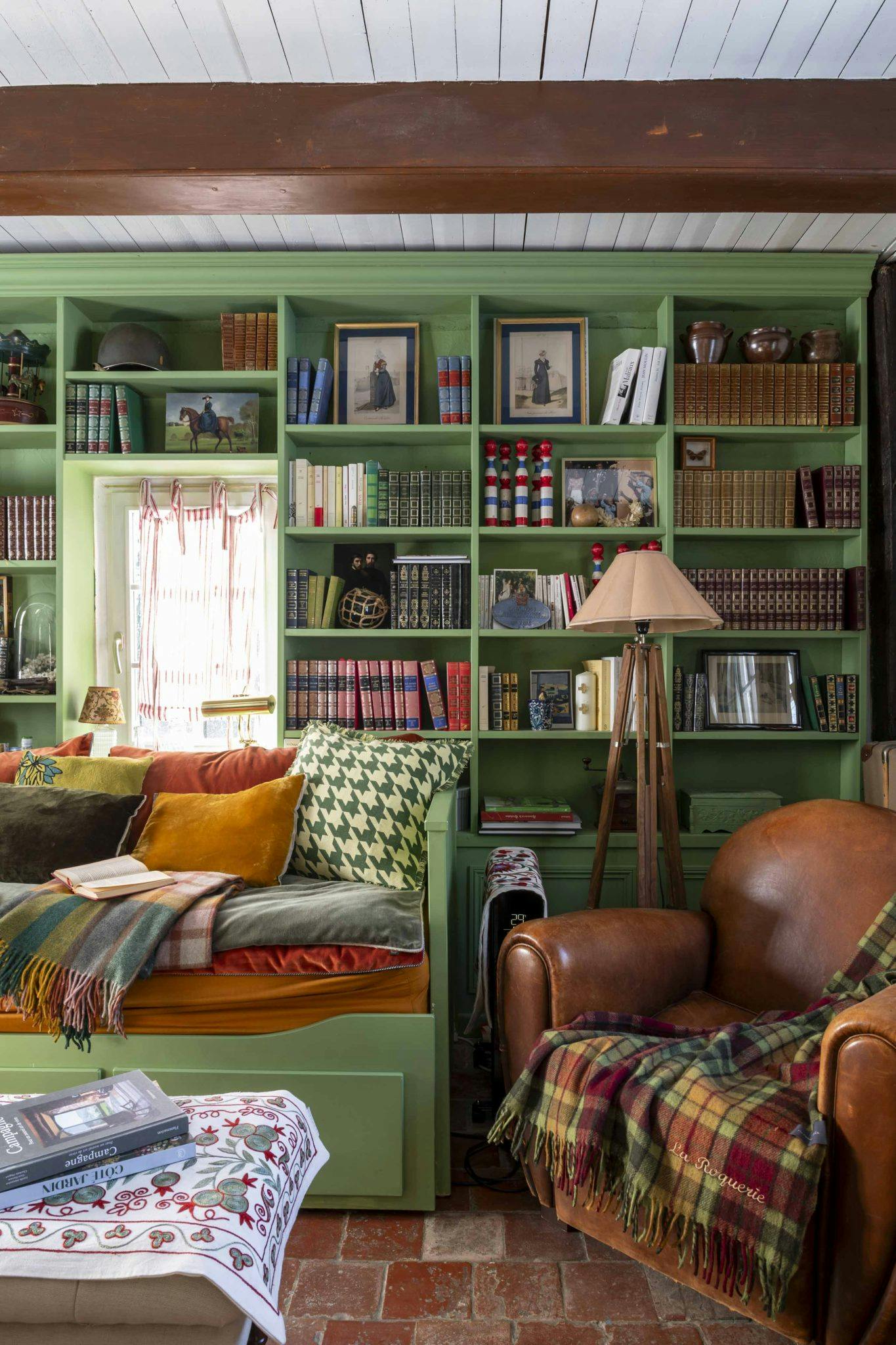 The living room, couch, green library