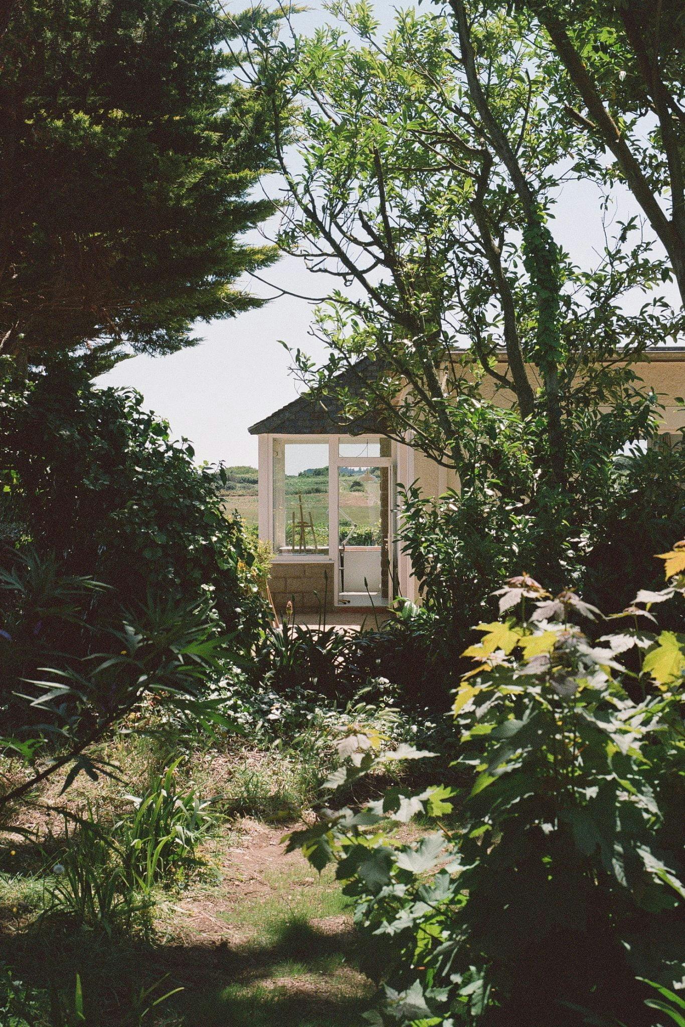 La maison depuis le jardin : arbres, fleurs