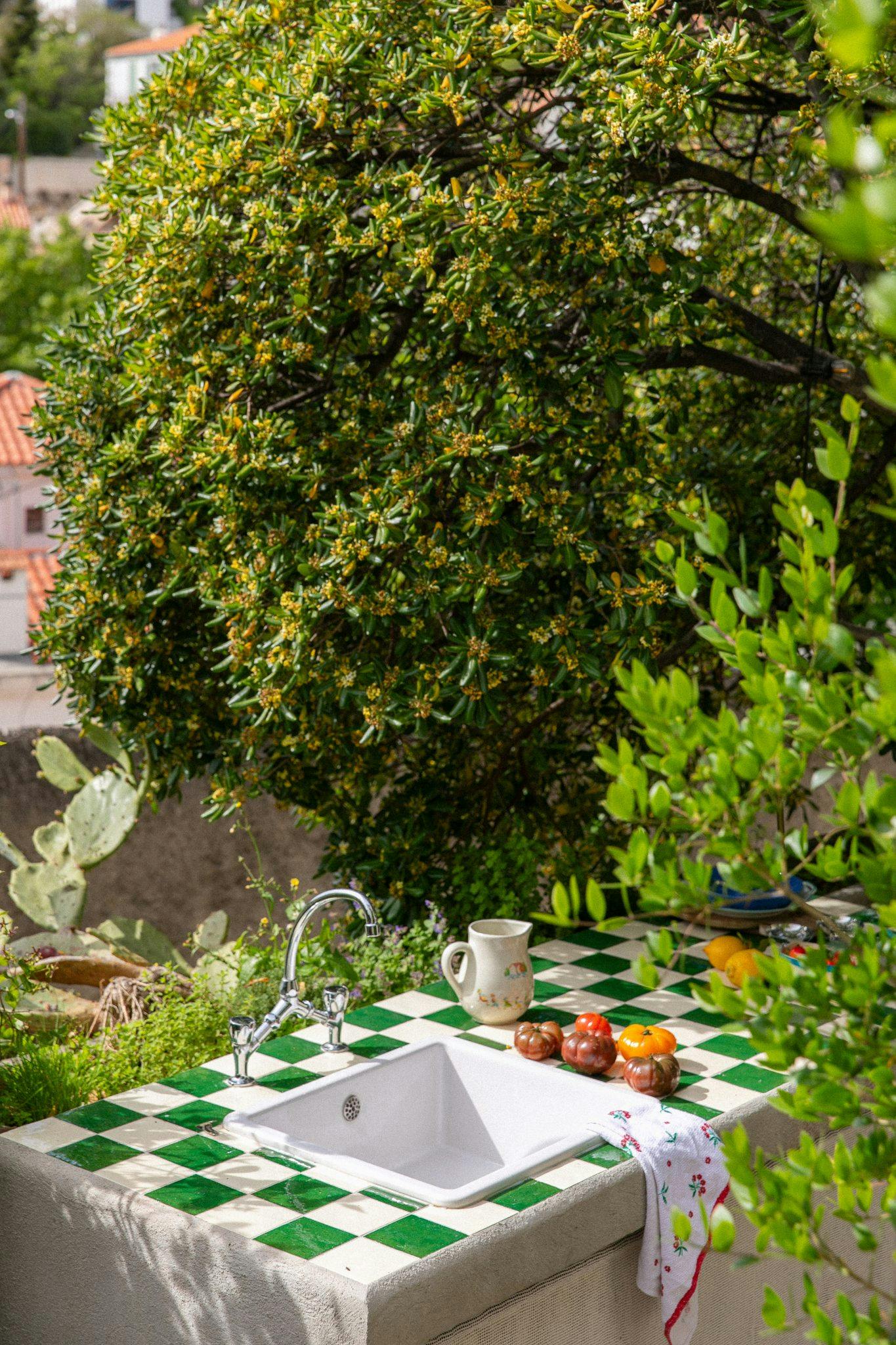 The summer kitchen in the garden: sink, tomatoes, trees