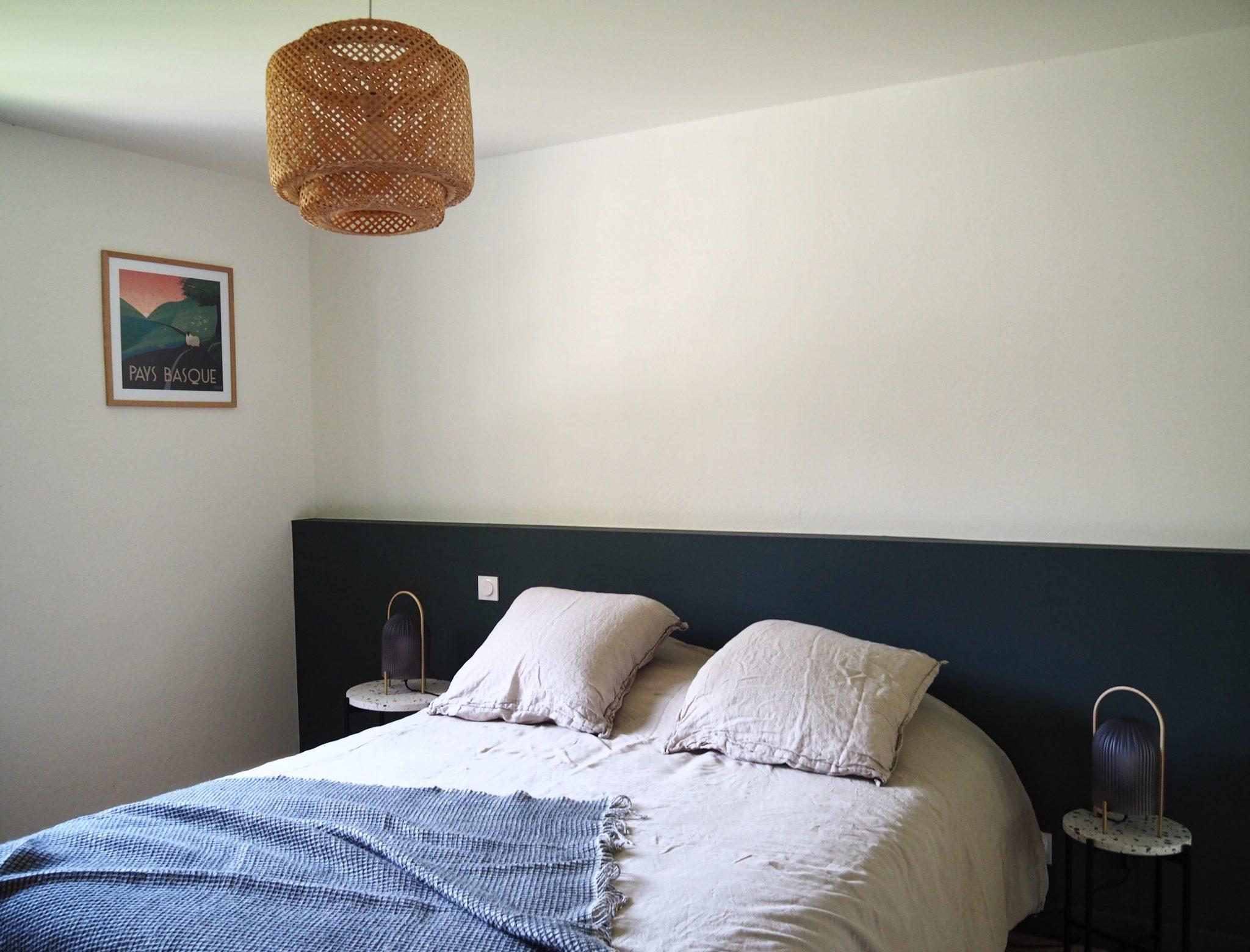 A minimalist bedroom features a bed with light beige sheets, pillows, and a blue blanket. The wall behind the bed is dark green. Two bedside tables with small lamps flank the bed, and a wicker pendant light hangs from the ceiling. A framed poster decorates the wall.