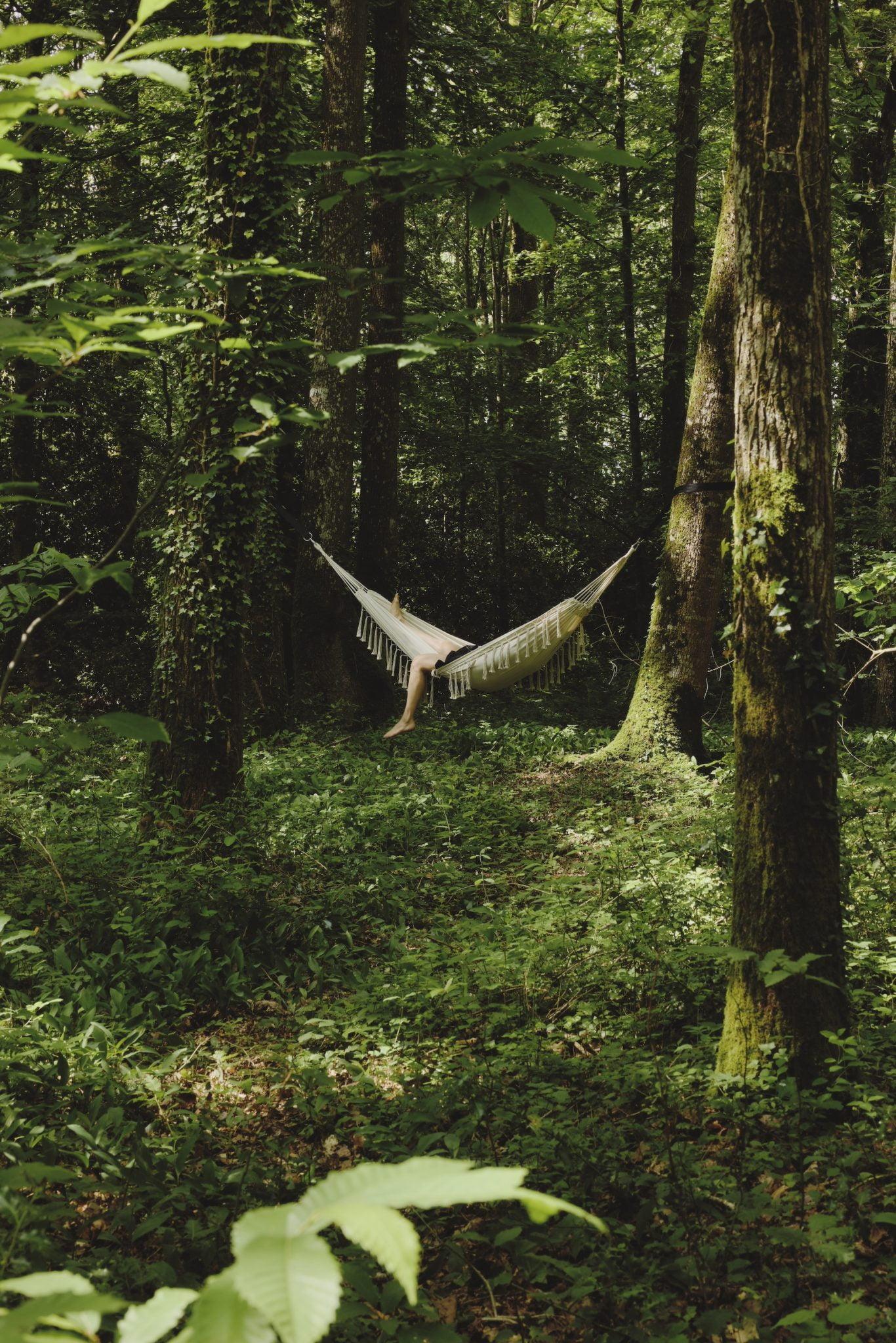 Une personne est allongée dans un hamac de la Maison Sauvage suspendu entre deux arbres dans une forêt dense et feuillue. Le sol forestier est couvert de plantes vertes et la lumière du soleil filtre à travers la canopée. Le hamac à franges se fond dans l'environnement naturel serein.