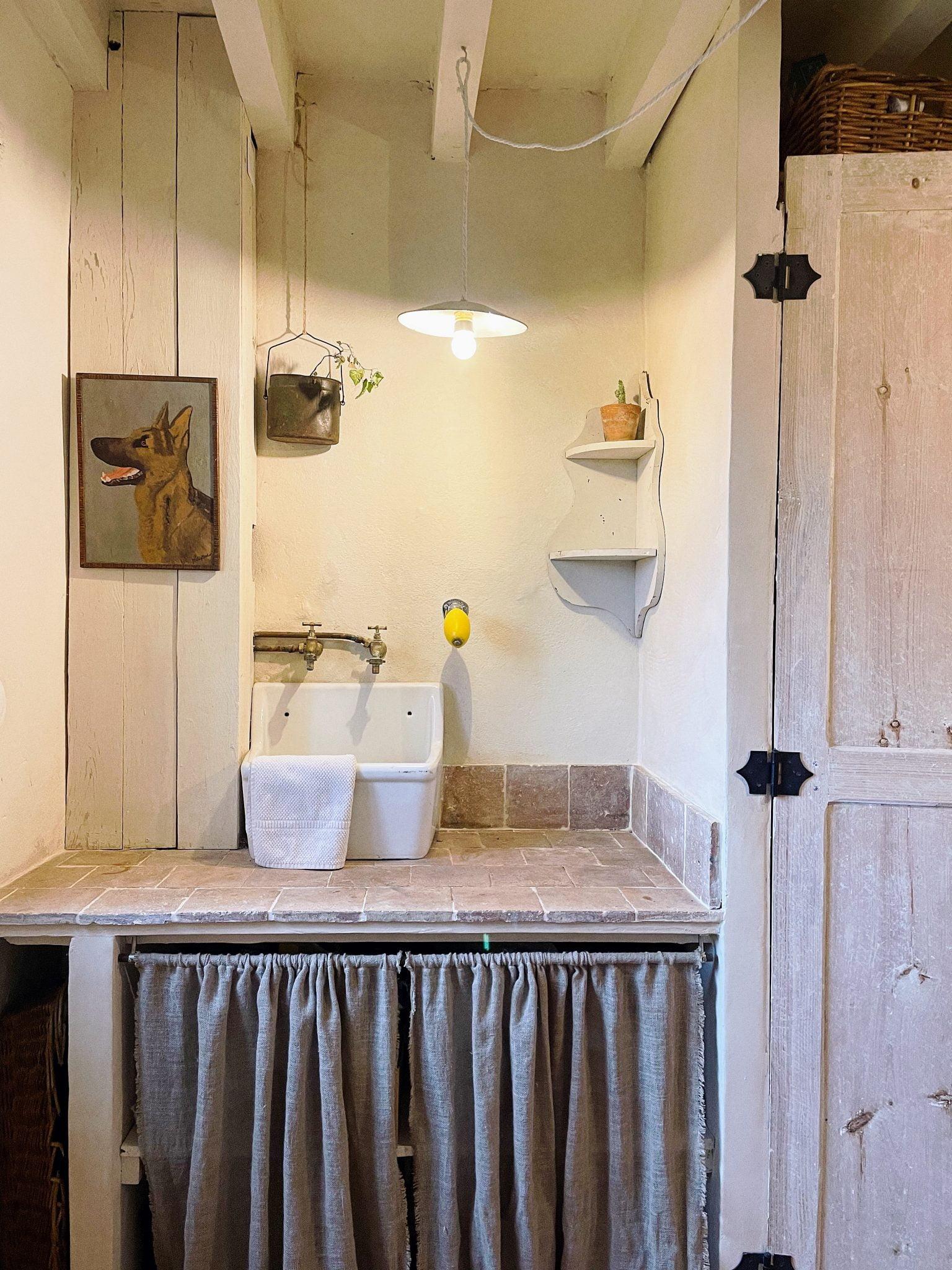 A rustic kitchen nook features a white ceramic sink with exposed piping and a towel hanging over the edge. Above the sink, there's a light bulb with a metal hanging flower pot. The shelves hold a small plant, and a painting of a dog is hung on the wall. A fabric curtain drapes below.