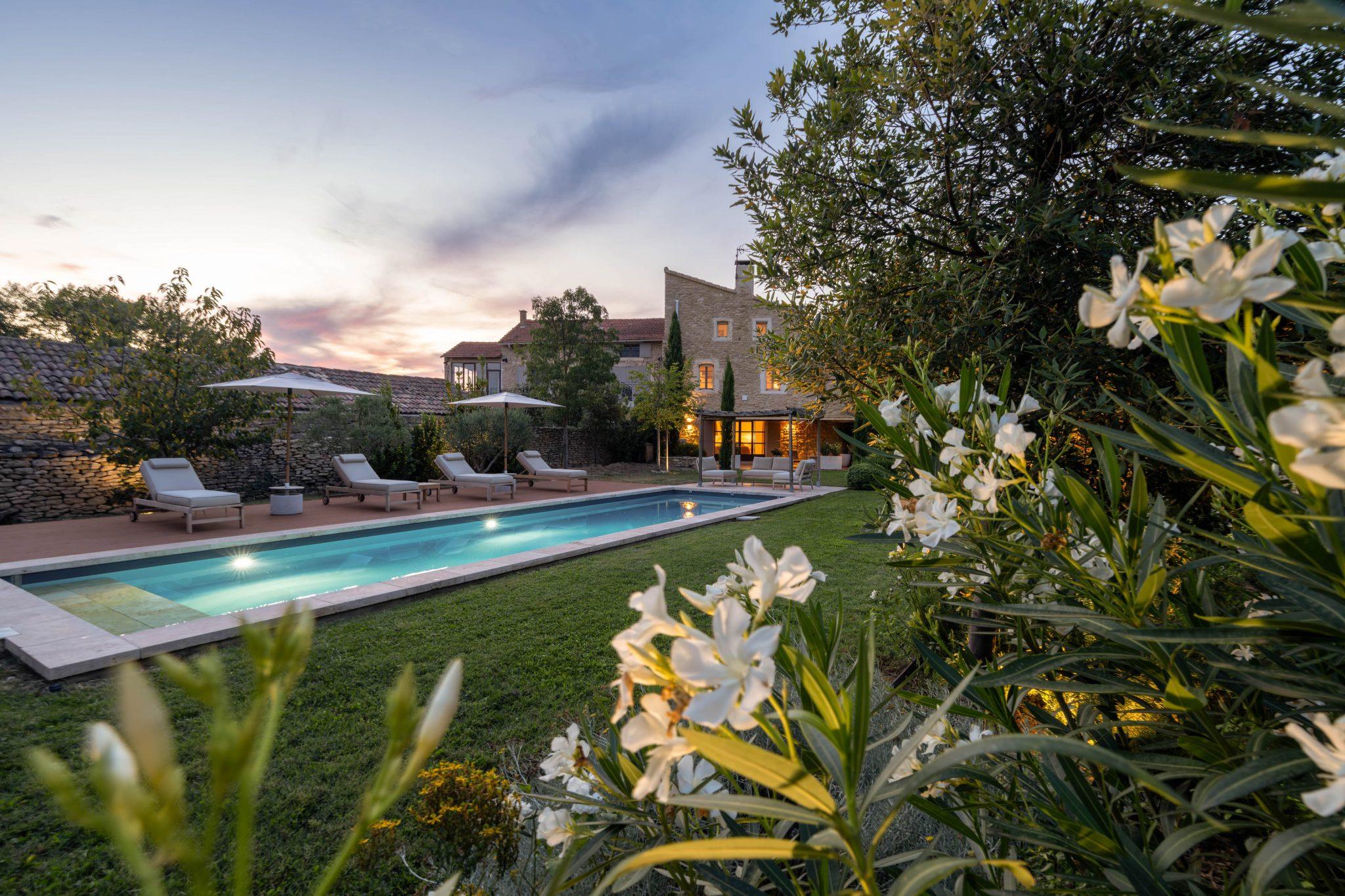 The pool nestled in the lush garden.