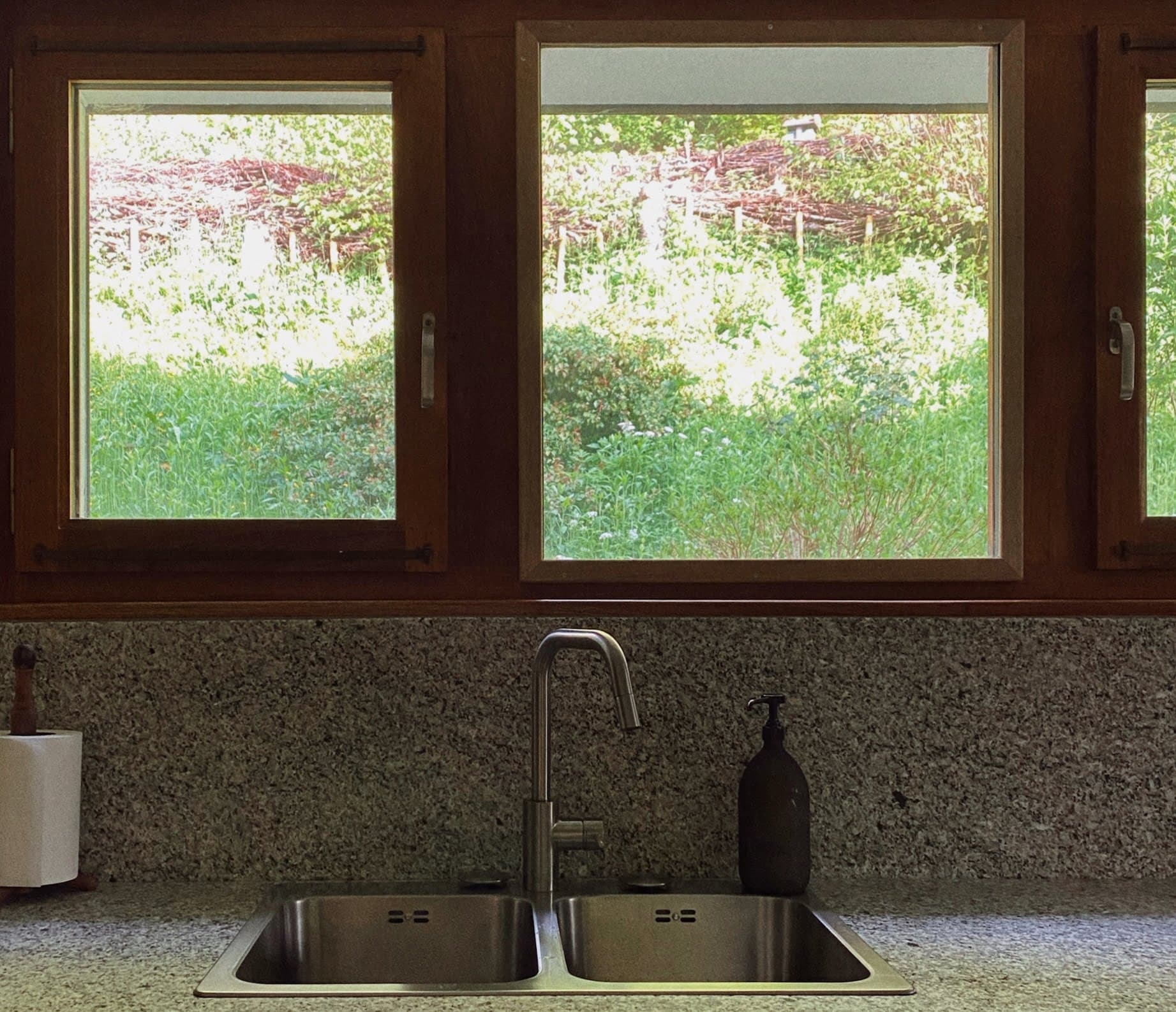 A kitchen sink with a silver faucet and a black soap dispenser is positioned under a large window with three panes, offering a view of lush green vegetation outside. There is a roll of paper towels to the left of the sink.