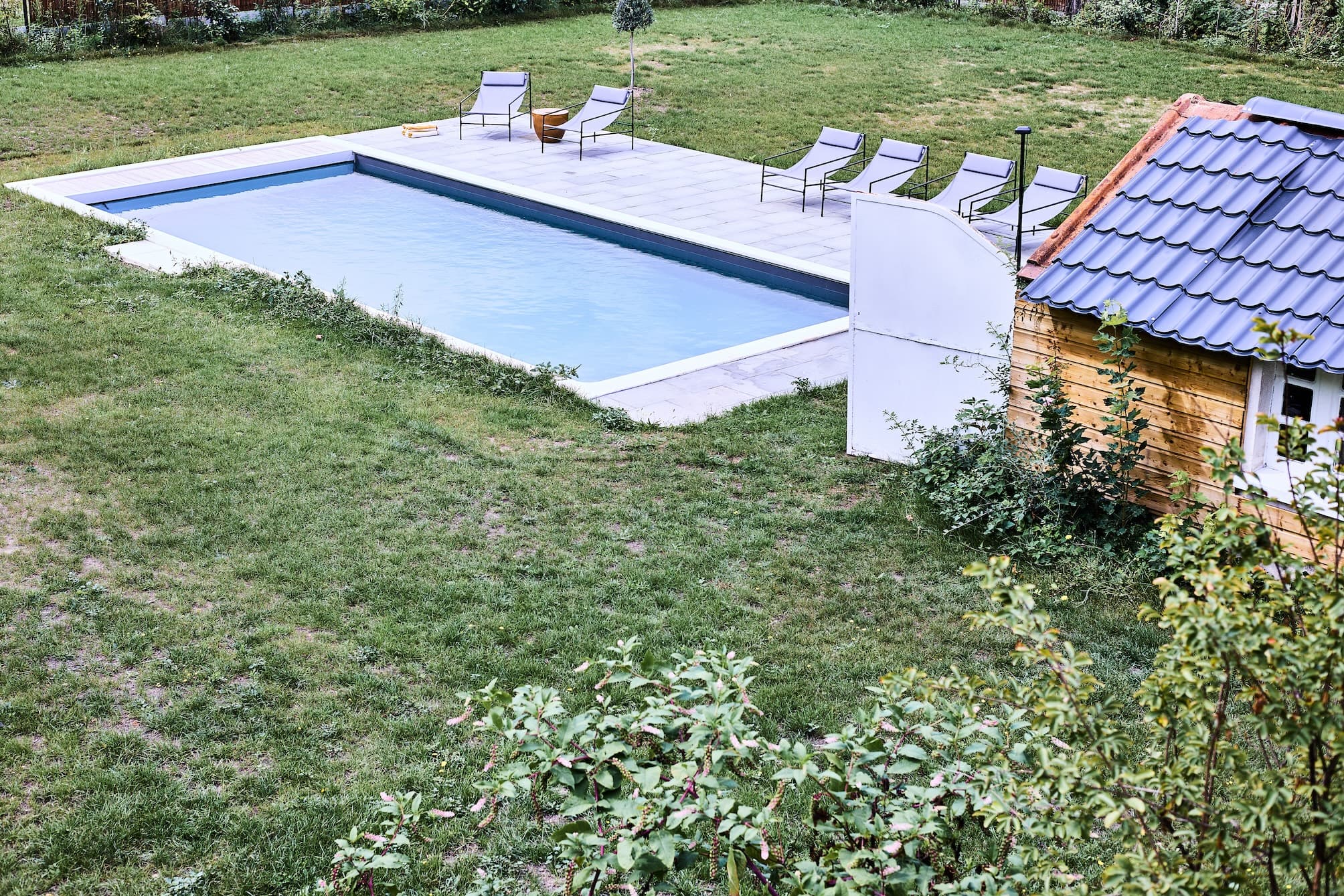 A backyard with a rectangular pool surrounded by a patio. There are several sun loungers by the pool. A small wooden shed with a tiled roof is nearby, and the area is bordered by a lawn.