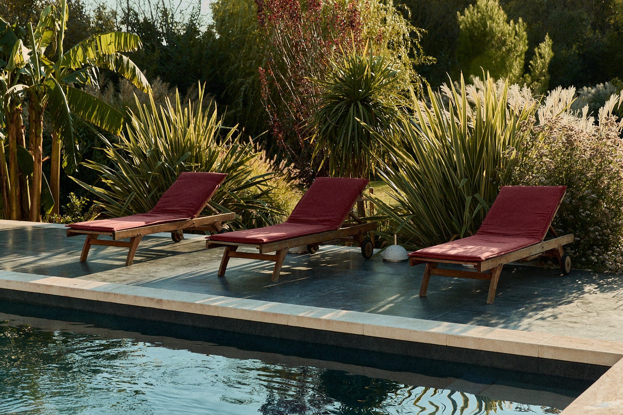 Trois chaises longues aux coussins rouges sont disposées à côté d'une piscine. Elles sont entourées d'un feuillage vert luxuriant et d'arbres, créant un environnement extérieur serein et relaxant.