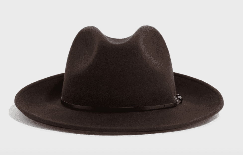 Un chapeau fedora marron à large bord et une bande noire entourant la base de la couronne, placé sur un fond blanc uni.