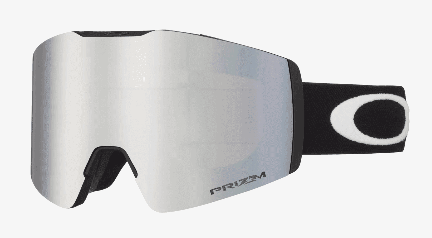 Masque de ski avec verre miroir et sangle noire avec logo blanc. Le verre reflète la lumière et le style est élégant et moderne. Marqué avec le mot "Prizm" sur le verre.