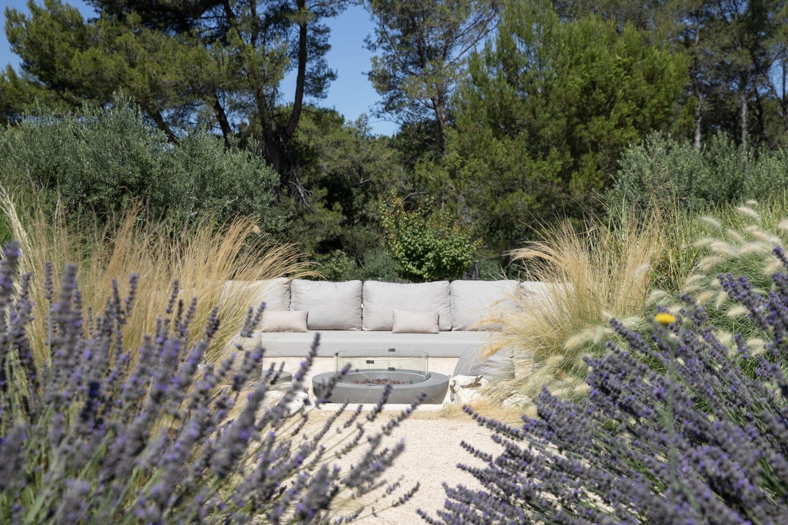 A serene outdoor seating area surrounded by vibrant lavender plants and various grasses. A gray cushioned sofa sits behind a modern circular fire pit, with a backdrop of lush green trees under a clear blue sky.