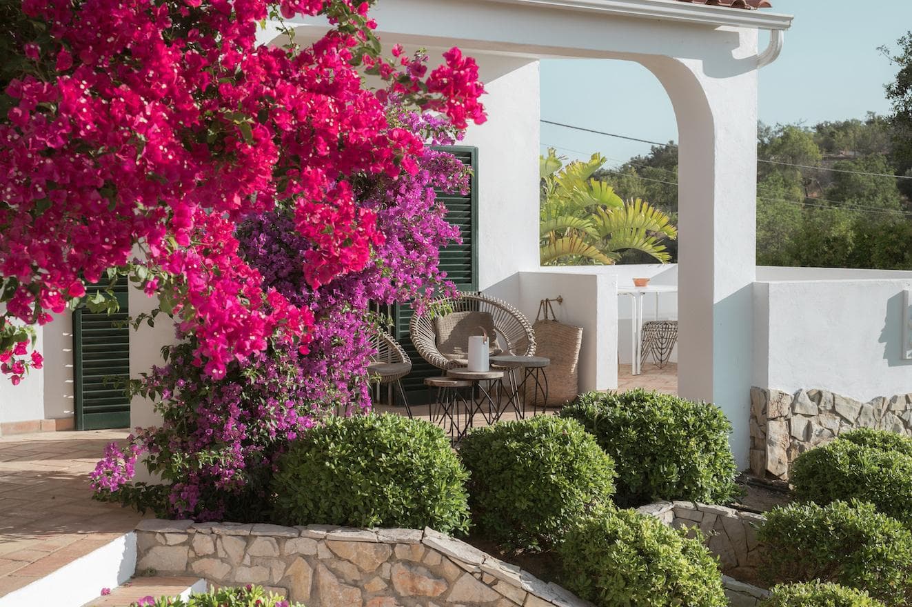 A patio with white walls and stone accents features a cozy seating area with chairs and a table. Bright pink bougainvillea flowers and green shrubs decorate the garden in front.